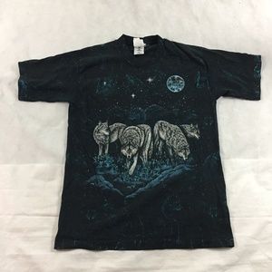 VTG 90s Wolf Pack Shirt Medium Wildlife Moon Stars